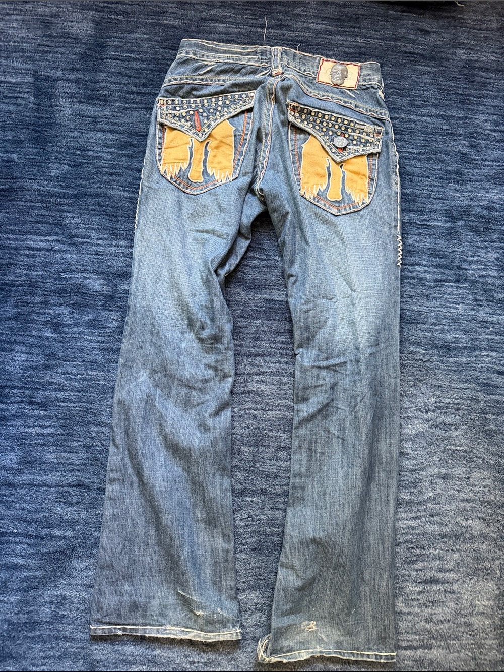 Men's Blue Denim Jeans with Studded & Leather Pocket Detail